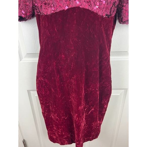 Vintage Red Burgundy Velvet Sequin Puff Sleeve Bodycon Holiday Party Dress Sz 8 - Picture 4 of 7
